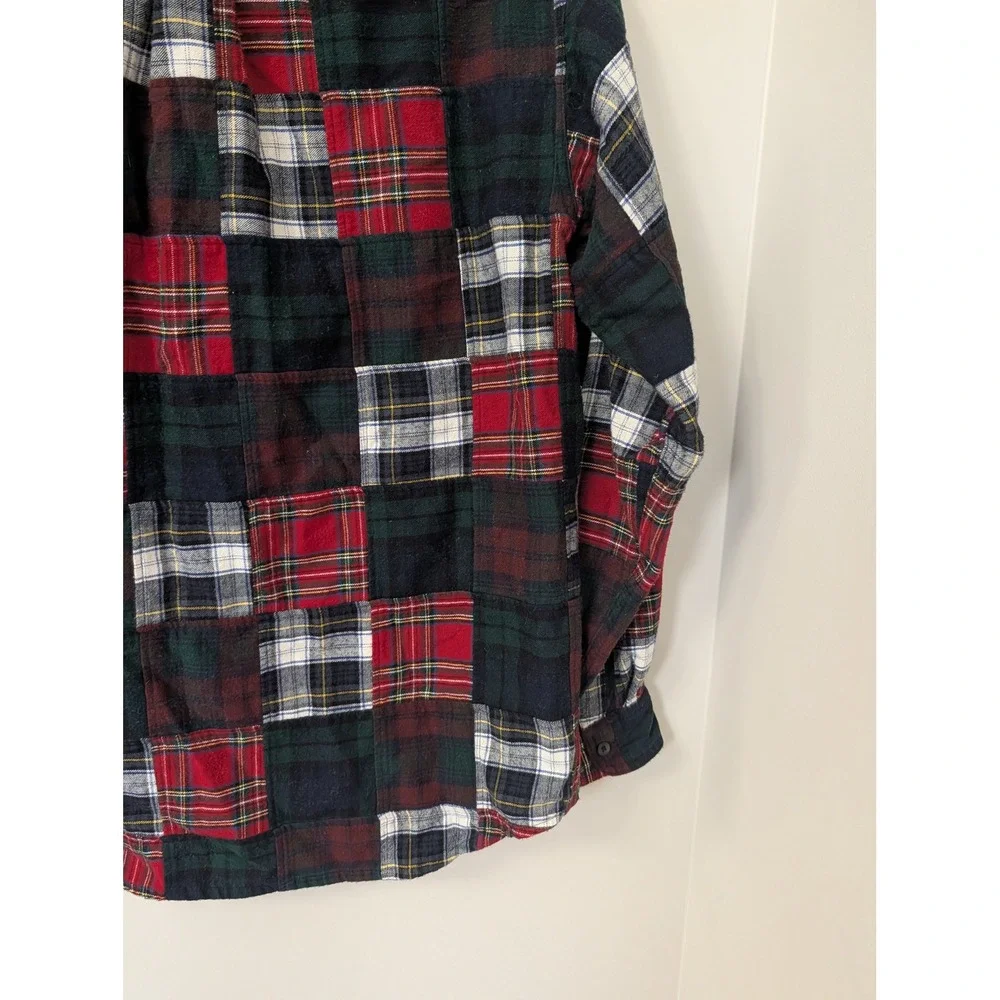 LL Bean‎ Mens Patchwork Madras Plaid Flannel Shirt Long Sleeve Holiday Christmas